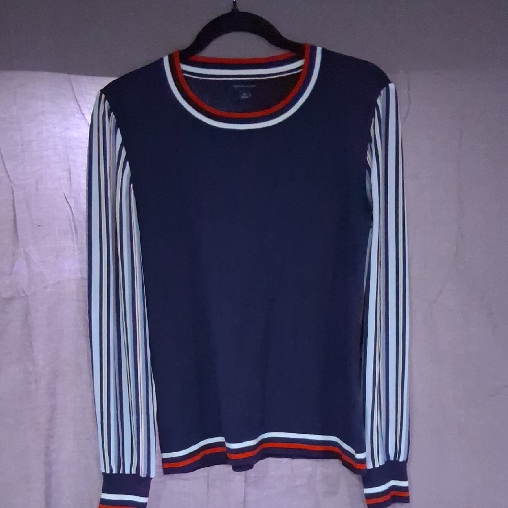 Tommy Hilfiger Crewneck Sweater in Blue and Red with Striped Sleeves